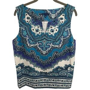 Talbots RSVP Top Womens 14P Blue Floral Stretch Slit Neck Lined Side Zipper